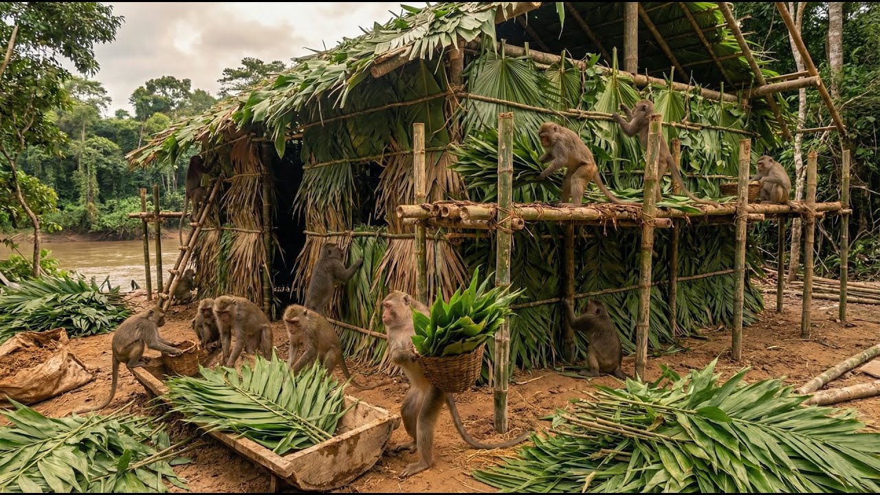 Monkeys Building a Leaf House from Nature | Amazing Teamwork