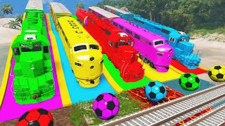 Train vs Slide Color vs Stairs Color and Deep Water Truck Rescue - Cars vs Rails and Train - BeamNG