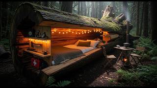 Building a Modern Shelter Inside a Massive Hollow Tree Log — Hidden From the World