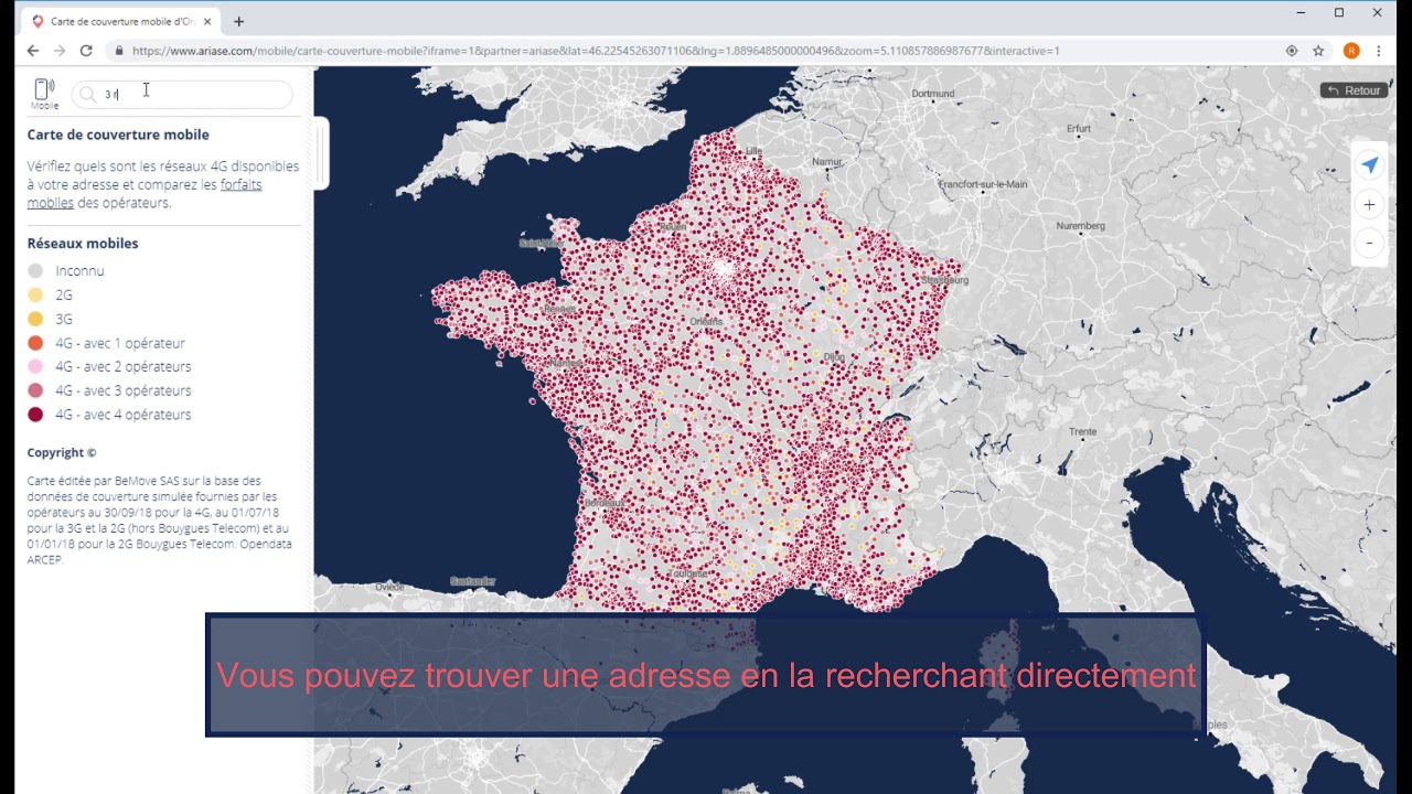 Carte de couverture mobile 4G et 5G d'Orange, SFR, Bouygues et Free