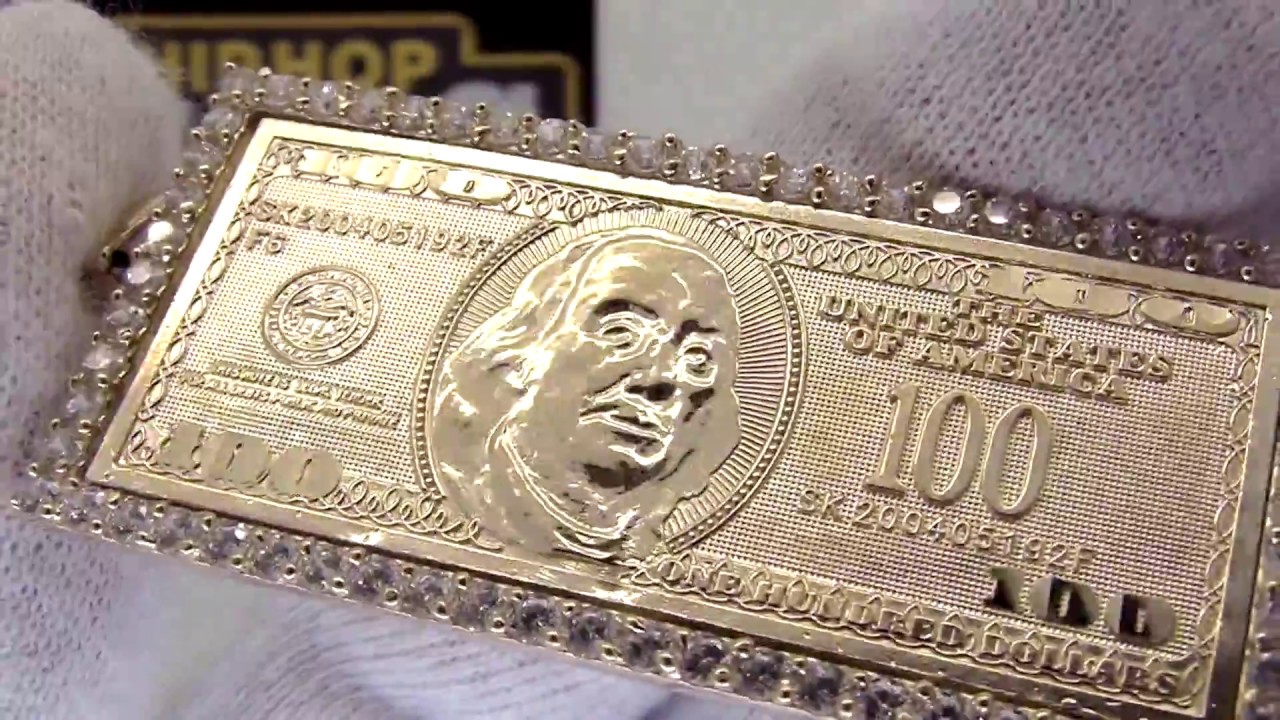 CZ $100 Bill USD Pendant 10K Yellow 