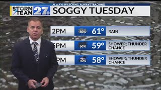 Rain, breezy and mild Tuesday