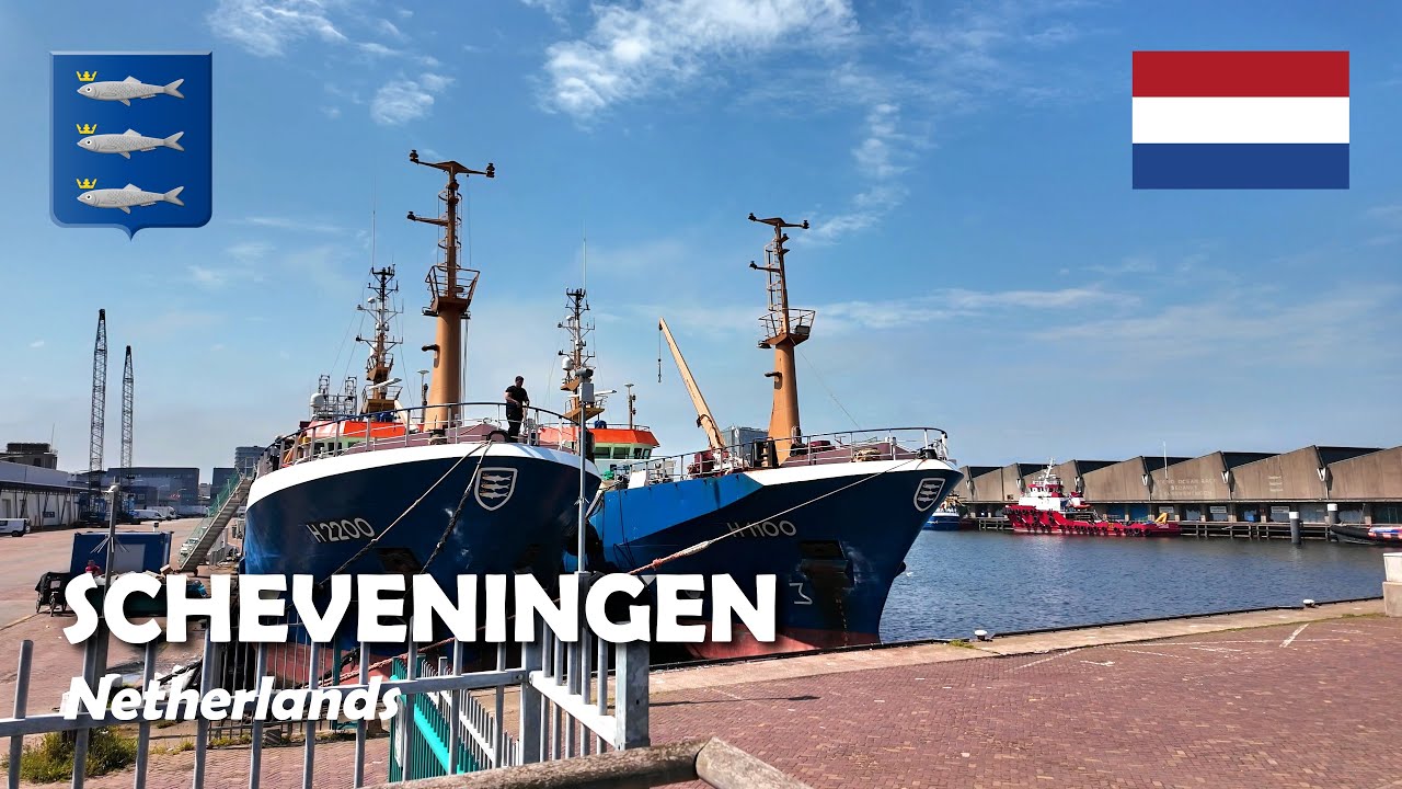 Scheveningen, Netherlands. A walk from the harbour to the boulevard. 4K