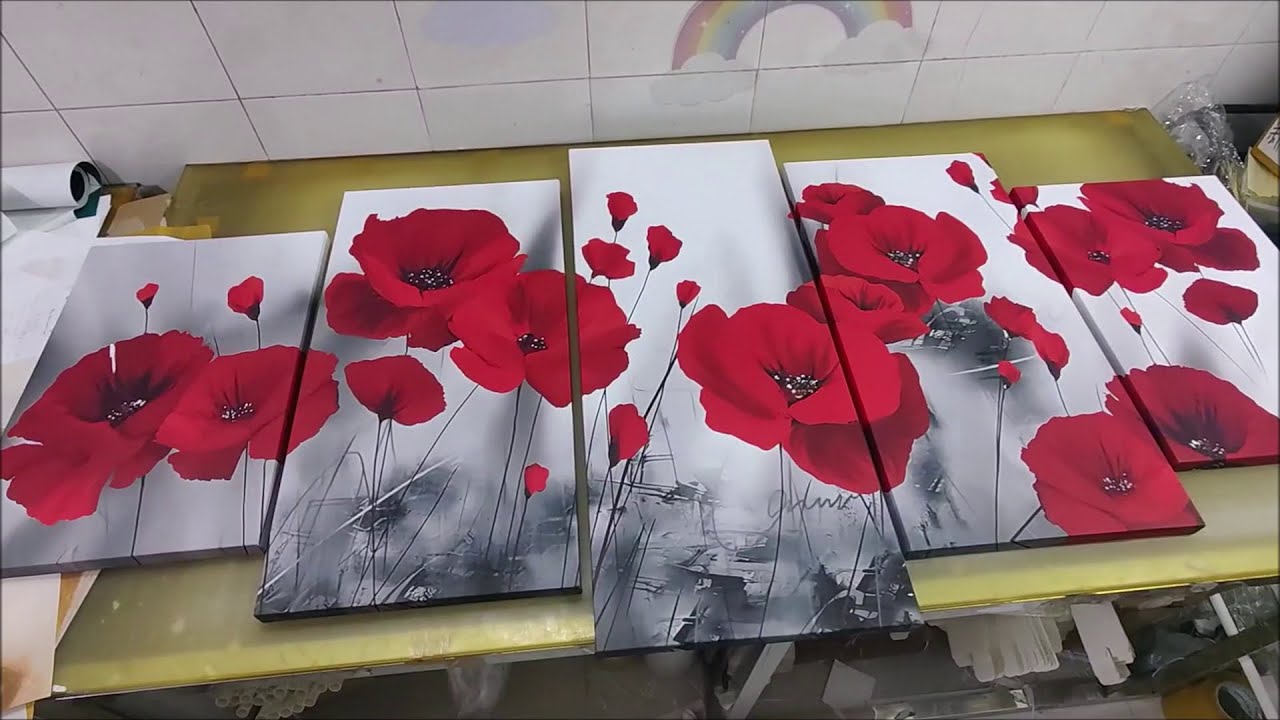 Finished Floral Canvas Prints Handmade Flower Prints 5 Piece Canvas