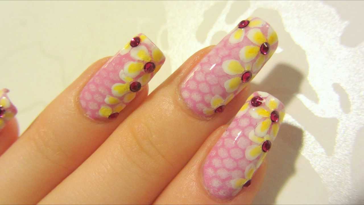 Pink Snake Skin and Flowers Design with Hot Pink Rhinestones Nail Art  Tutorial 