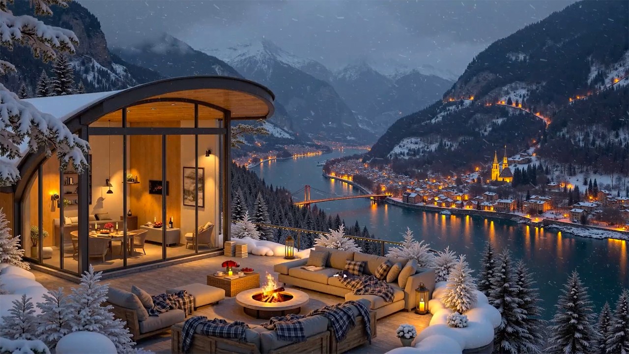 Calm & Warm Winter Jazz by the Fireplace ❄️ Luxury Mountain Café Terrace for Peaceful Nights & Relax
