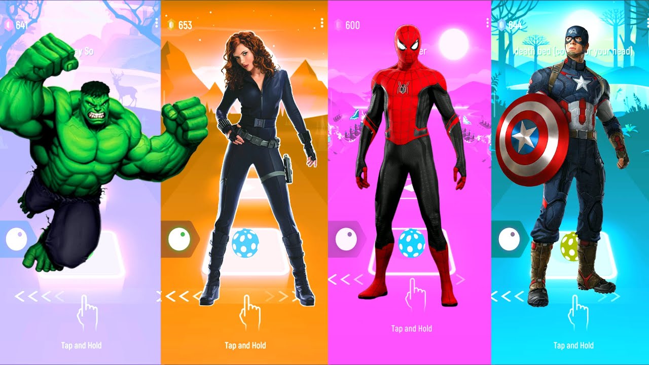 Hulk 🆚 Black Widow 🆚 Spiderman 🆚 Captain America | Marvel Heroes | Tiles Hop Fun Ball