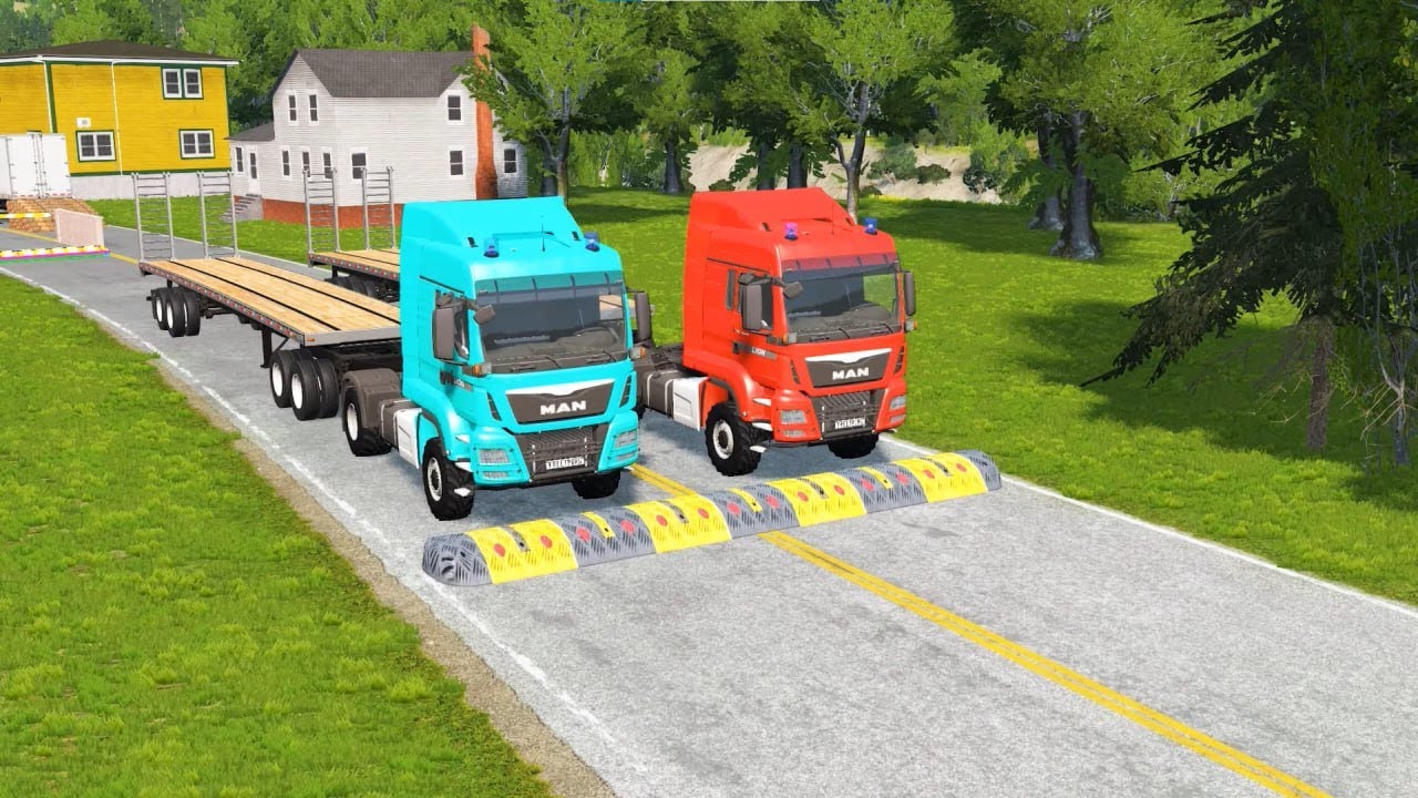 Flatbed Trailer McQueen Transport 🚚🔥 | Speed Bumps vs Cars vs Train Crash Test