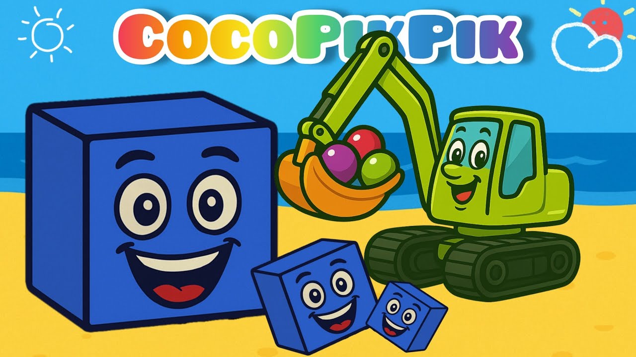 Excavator Builds Cornflower Blue Block Pyramids | ASMR Educational Video For Kids