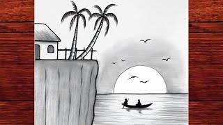 Riverside House Landscape Drawing |Easy Step by Step Pencil Scenery Tutorial