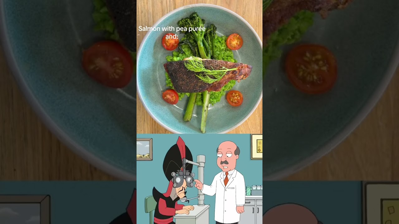 Salmon with pea purée and garlic butter broccolini or blanched broccolini 👀 