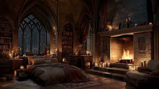 Banish Anxiety & Fall Asleep Optimistic - Peaceful Castle Room with Rain Sounds &Crackling Fireplace