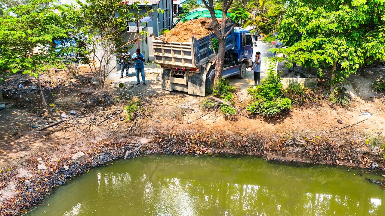 First Opening A New Project.! Landfill Delete Deep Pond Fish By Skills Dozer Pushing Soil Into Water