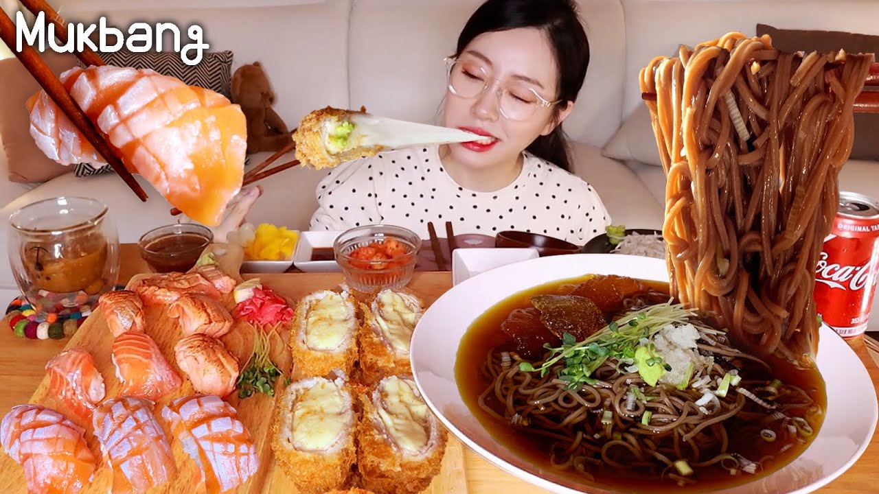 🍣Soft salmon sushi and cheese pork cutlet!And cold buckwheat noodles! MUKBANG