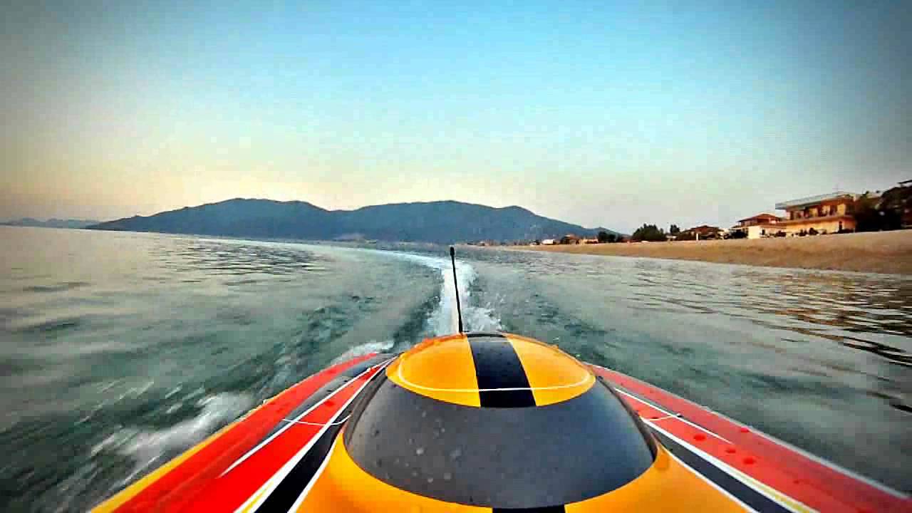 Genesis Offshore Brushless Twin Hull RC Boat sailing in the