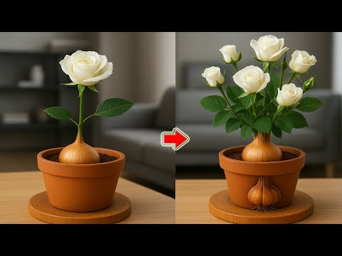 يكفي بصلة فجأة غصن الوردة يتجذر ويزهر طوال العام