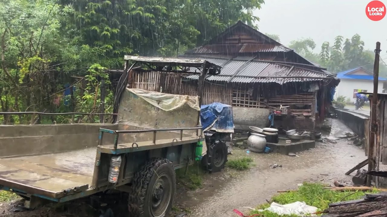 Heavy Rainfall and Remote Village Walk in the Rainfall-Beautiful Morning