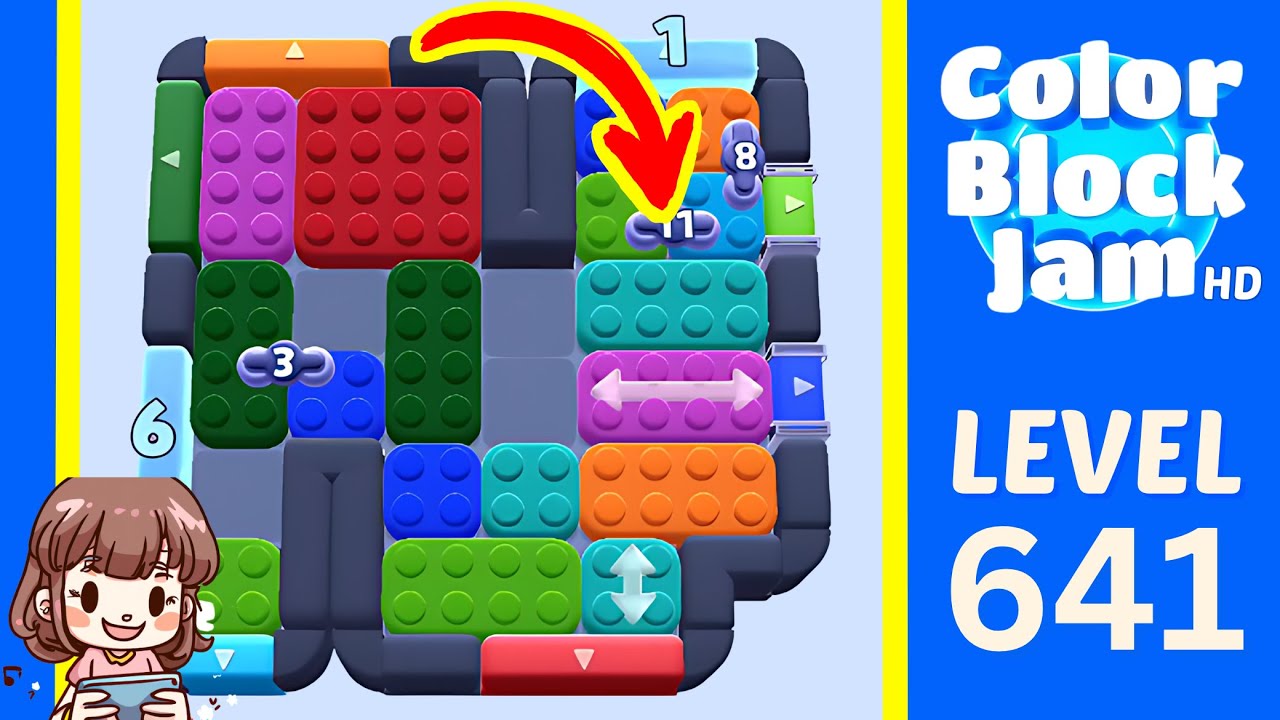 Color Block Jam Level 641 Visible Level 641 board with upper-left red/yellow stack and right-side purple/orange cluster opening frame