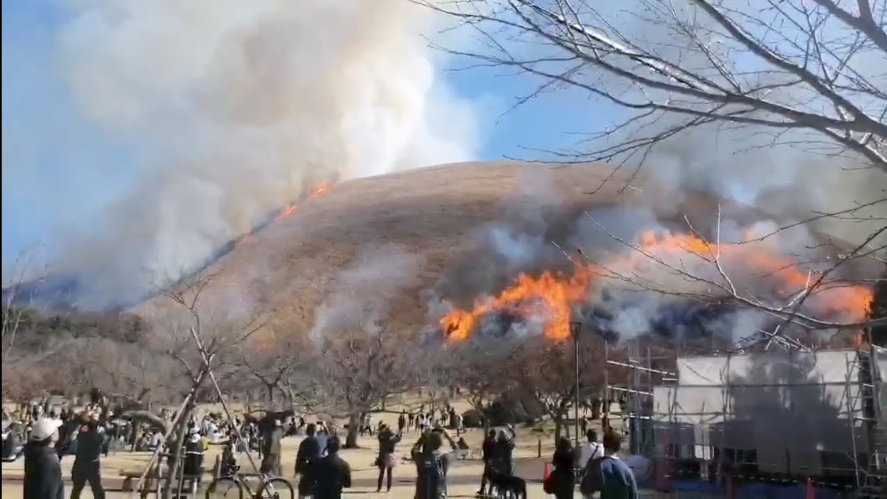 大室山（おおむろやま）の山焼きを、麓のさくらの里からお届けします