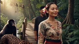 Beautiful Woman lives in the forest with a leopard