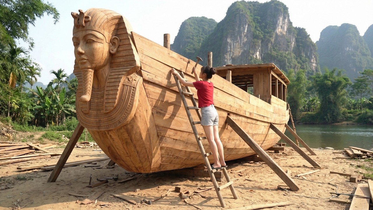Building a Giant Wooden Boat in the Backyard by the River Using 1000+ Wooden Planks, Bushcraft