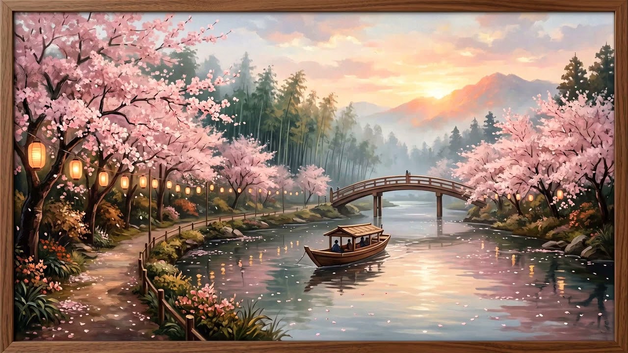 Sakura River Morning 🌸 Relaxing Japanese Ambient Music Acrylic 4K