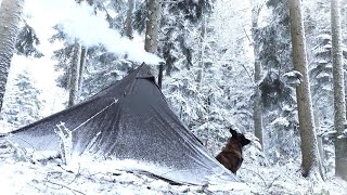 Hot Tent CAMPING in RAIN and SNOW | Winter Camping, Outdoor Cooking on Wood Stove, Nature Movie