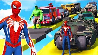 SPIDERMAN CARS Monster Trucks Mega Rampa Challenge! SUPERHERO HULK Iron Man Goku Racing 😂