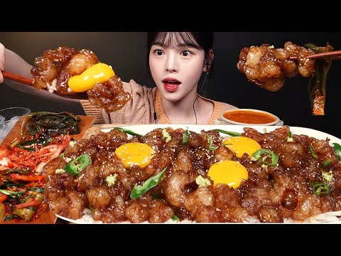 SUB)ぷるぷるしてるシマチョウ丼とキムチチゲのモッパン mukbang asmr