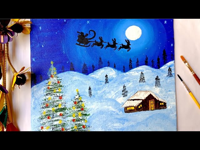 Snowy Christmas Painting / Easy canvas painting for beginners