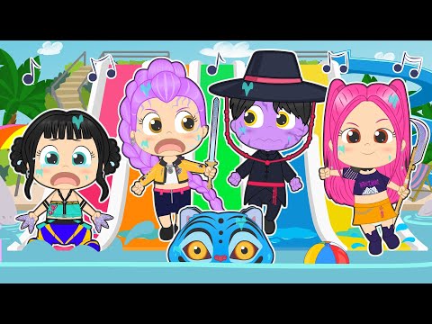 FIVE BABIES 👹🎤 With the K-pop warriors jumping on the pool slides