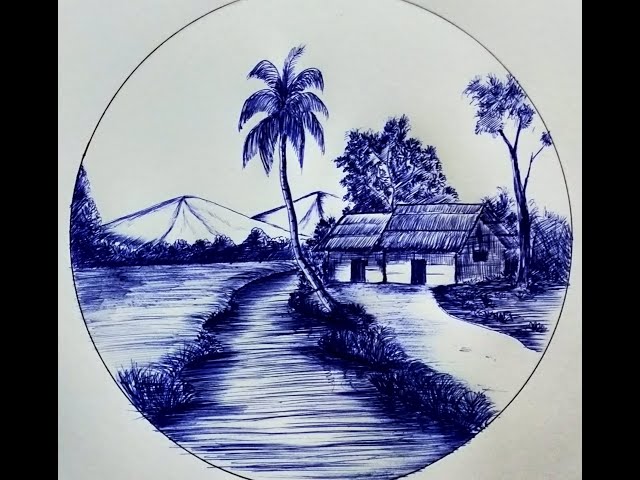 beautiful scenery drawing with sketch pen, Sketch Pen Drawing Easy