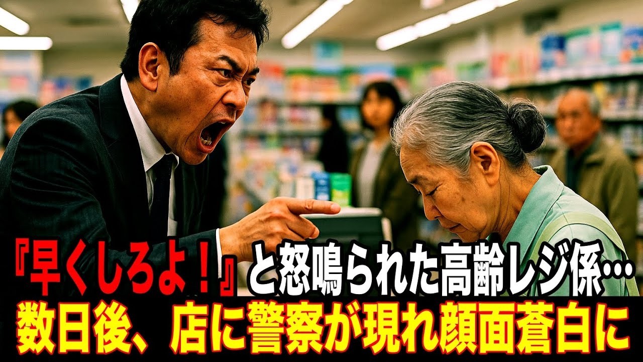 【スカッと】「早くしろよ！」と怒鳴られた高齢レジ係。数日後、店に警察が現れ顔面蒼白に。