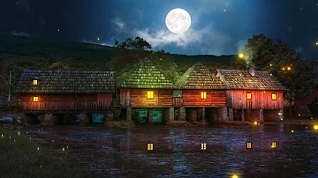 Peaceful Village Ambience - Dog Barking, Crickets, Soft River, Fireflies, Full Moon at Night