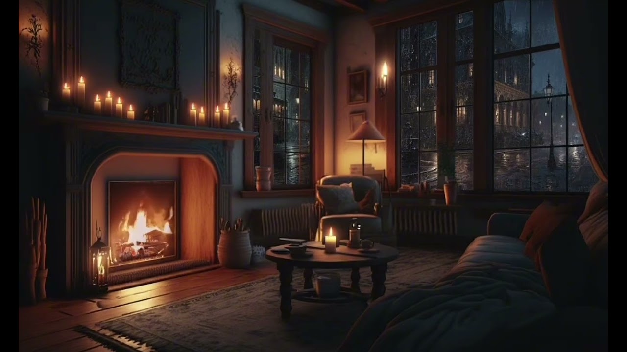 Rainy Night by the Fireplace 🌧️ Cozy Room Ambience (3 Hours)