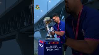 The ICC World Cup trophy glows in the Padma Bridge’s light.