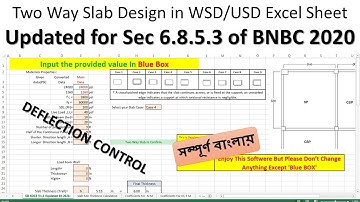 Two Way Slab Design in WSD/USD Excel Sheet - Updated for Sec 6.8.5.3 of BNBC 2020