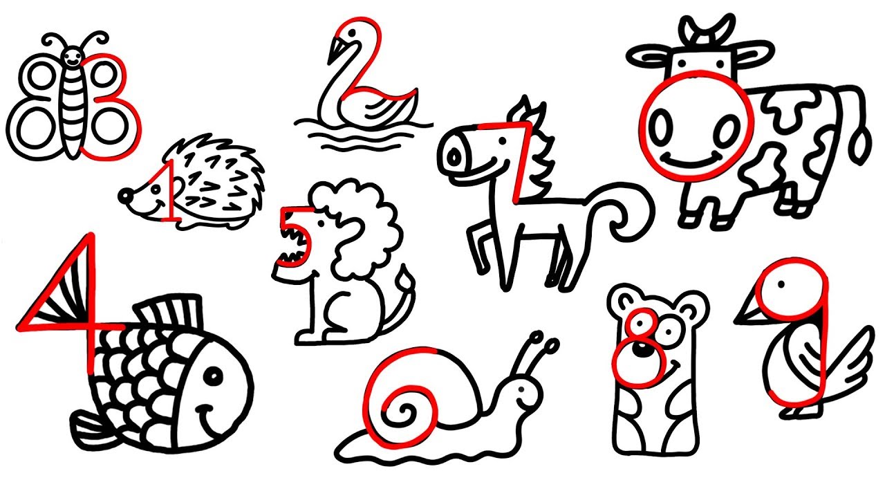 Drawing 10 Cartoon Animals From Numbers Learn Numbers For Children Youtube