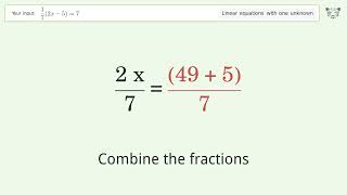 Linear equation with one unknown: Solve 1/7(2x-5)=7 step-by-step solution