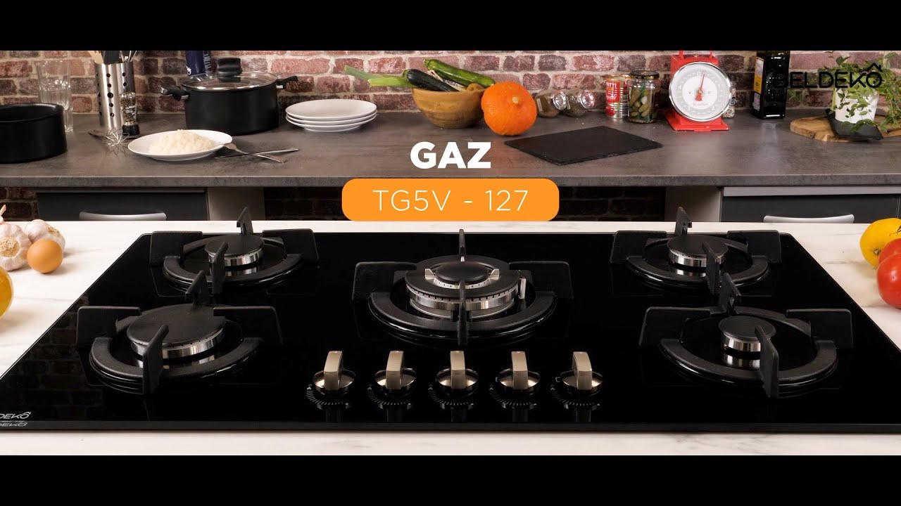 Plaque de cuisson gaz 5 feux encastrable, verre noir, Beldeko, Foyer double  couronne TG5V-127 