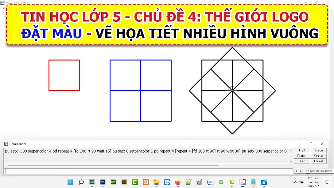 Tin học tập lớp 5 Chủ đề 4 Logo rùa Đặt màu sắc, vẽ hoa lá kể từ phối hợp ...