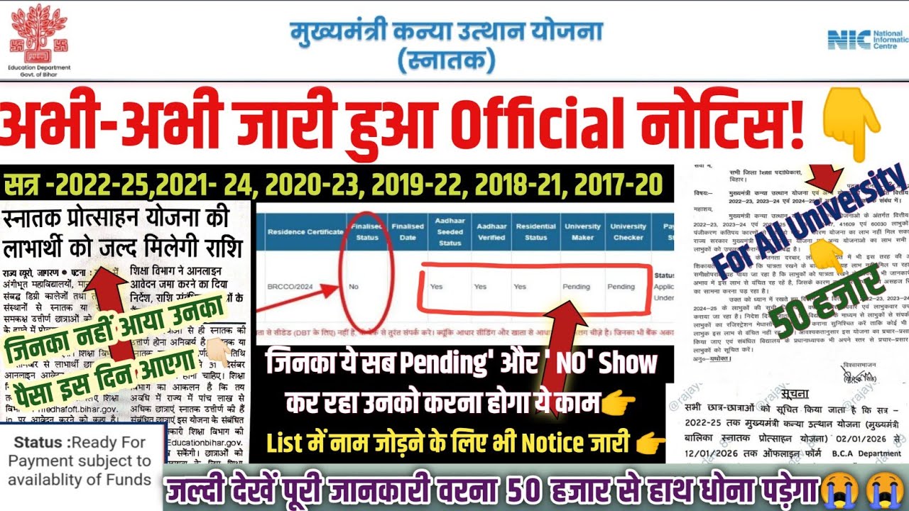 🥳खुशखबरी🎉 graduation pass 50000  scholarship form pending✅ kanya utthan yojana bihar online 2025