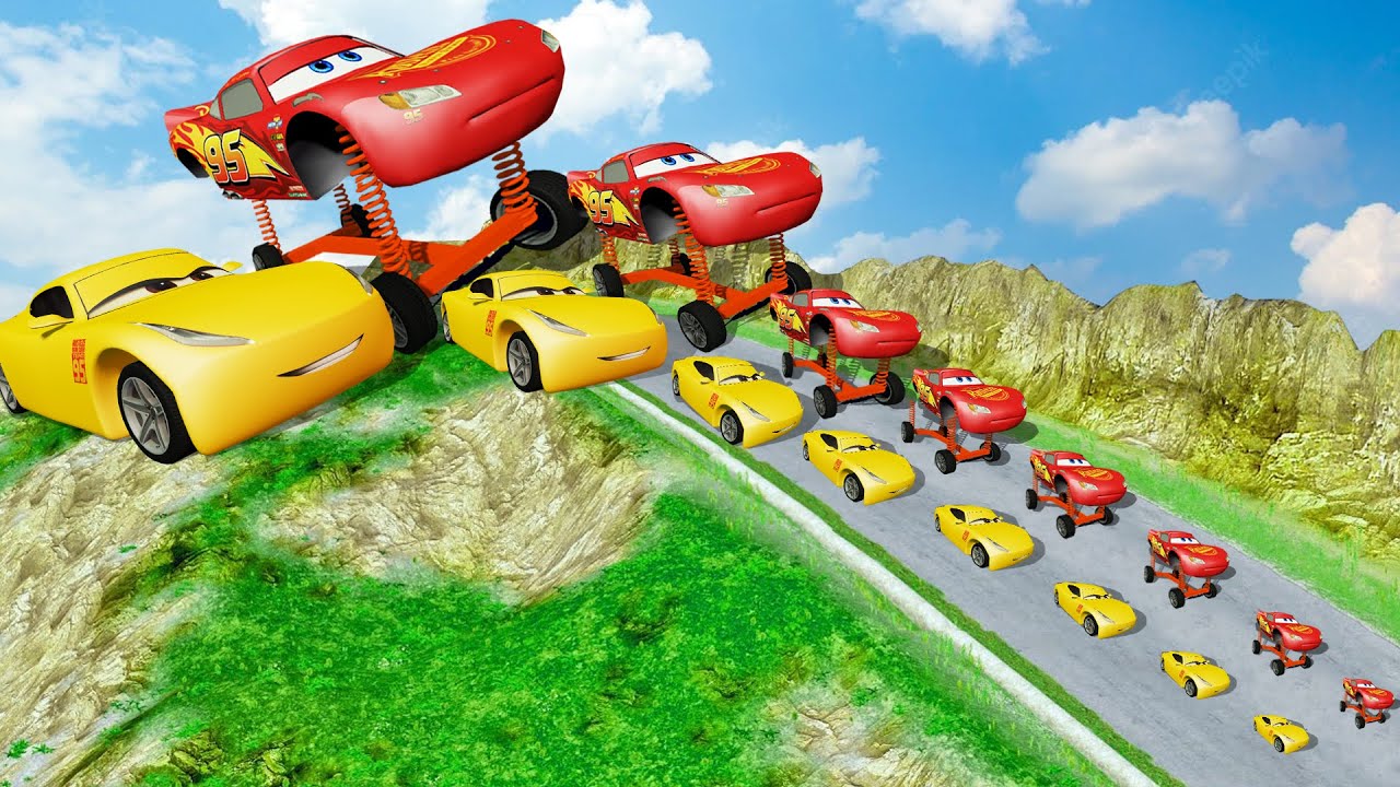 Big & Small McQueen & Police Car vs Zombie Mack, Giant Lava Pit & Spinning Machine – BeamNG.drive