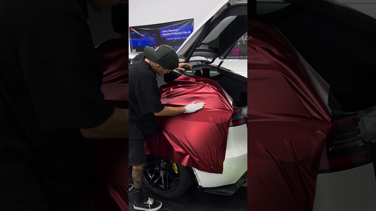 Tesla Model Y Getting Wrapped In Satin Red Chrome! 