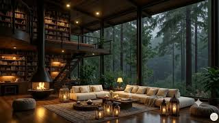 Serene Rainfall Beyond Living Room Window 🌧️ Relax Jazz Melodies & Cozy Firelight For Study, Work