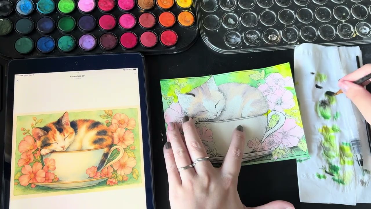 Watercolor Art Card Painting | Cat Sleeping in a Teacup