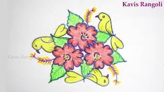 Cute Birds Kolam with Flowers | Creative Easy Birds Rangoli Design | Simple 5x3 Dots Muggulu