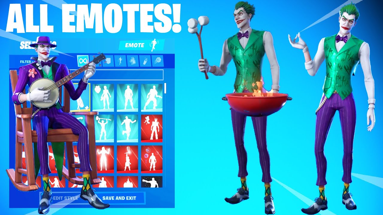 THE JOKER Skin Showcase with All Fortnite Dances & Emotes!