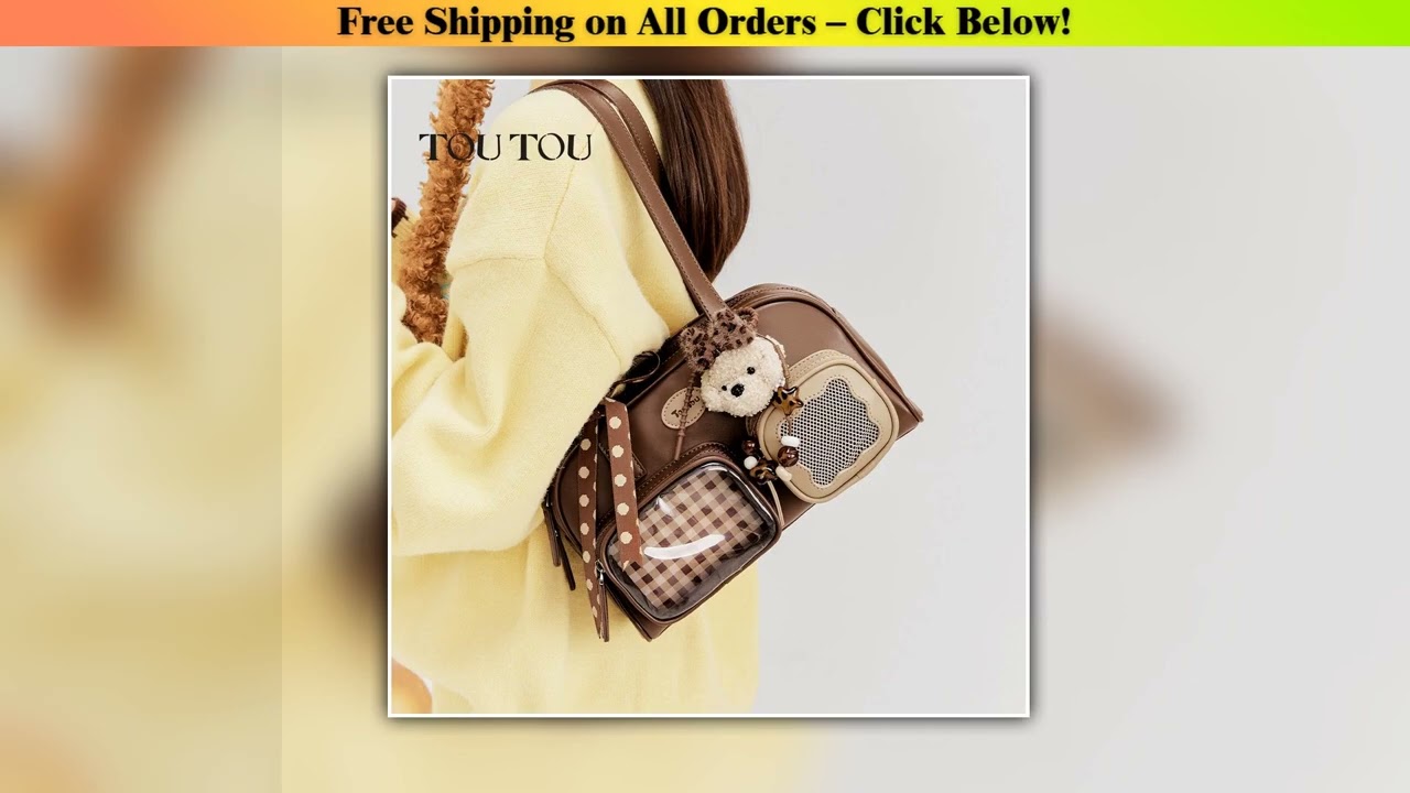 TOUTOU Brown Ribbon Double-Layer Bowling Bag, Versatile Commute & Travel Armpit Bag, Leather Ita