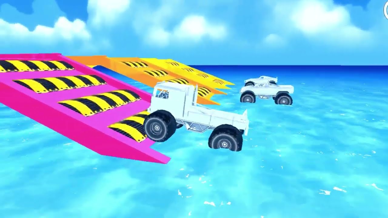 the car goes through the most interesting colored ramps